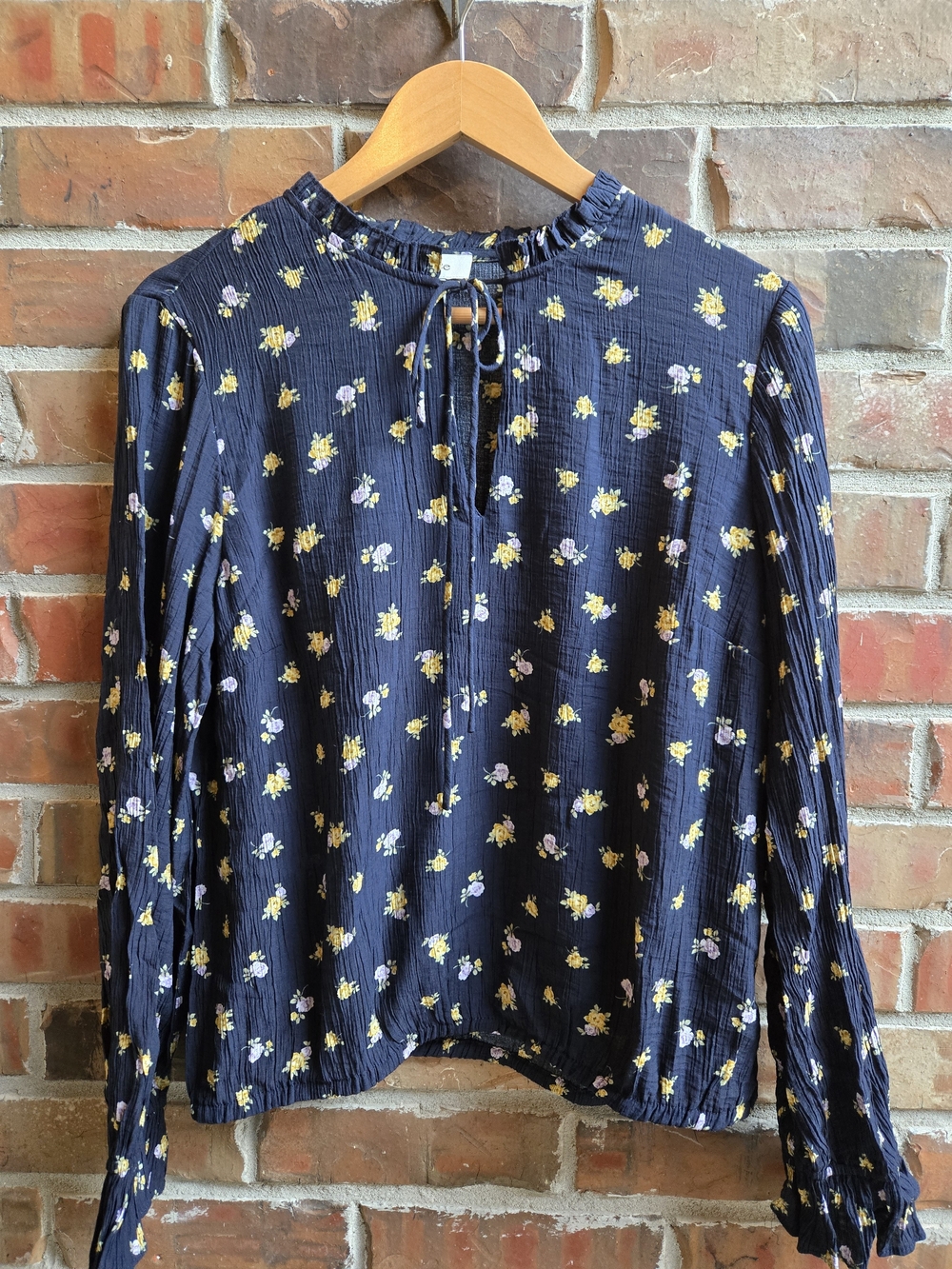 CeCe Navy Floral Tie-Front Ruffled Neck Blouse Feminine Lightweight